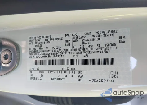 2021 Ford Escape Sel z USA, uszkodzony, nr VIN 1FMCU0H62MUA32713